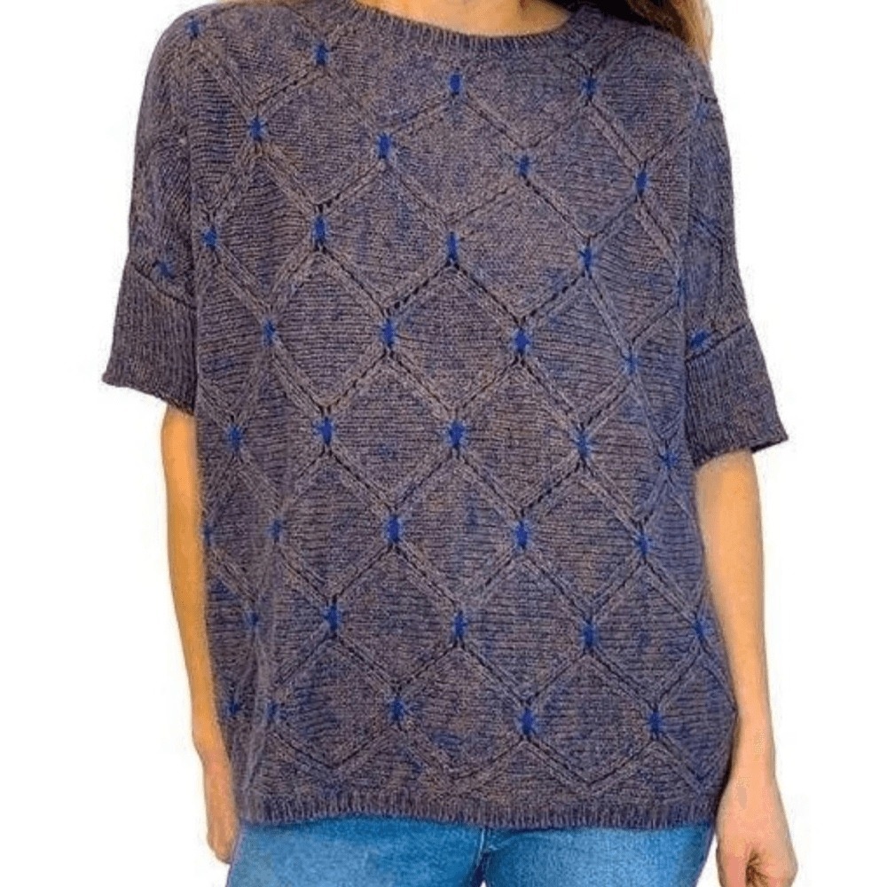 Moth Anthropologie Sweater S / M Brown Blue Diamond Pointelle Marl Short Sleeve